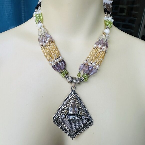 Statement Pendant Necklace 16" Amethyst Peridot Citrine Gems 925 Sterling 100.4g - Picture 3 of 12